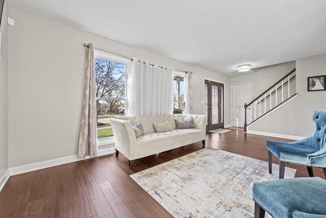 576 Aspen Dr, Lombard, IL 60148 - living room featuring stairway, wood finished floors, and baseboards