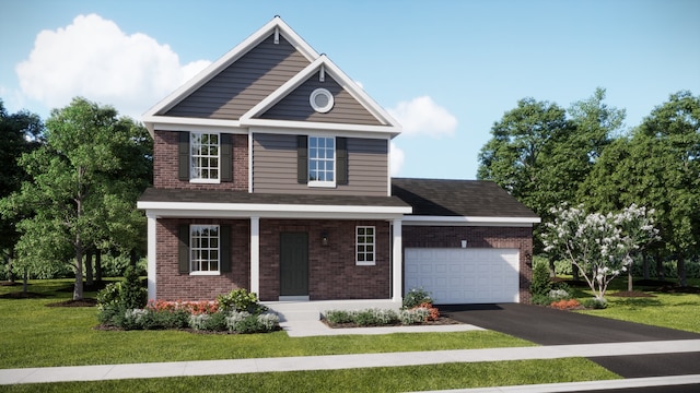 view of front of house with brick siding, driveway, a garage, a front lawn, and a porch