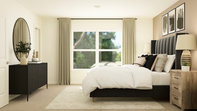 bedroom featuring light carpet and multiple windows