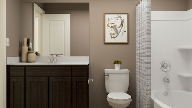 bathroom with toilet, vanity, and shower / bath combo