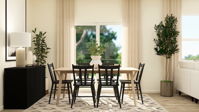 dining area with wood finished floors, plenty of natural light, and baseboards