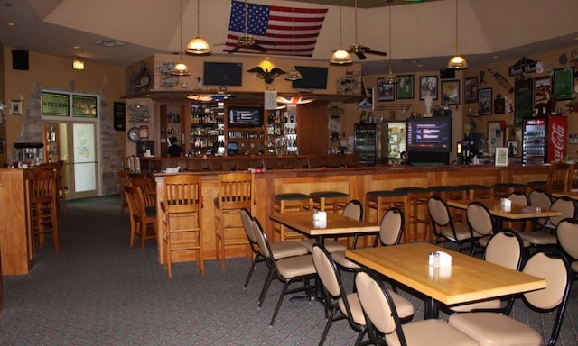 20827 W Torrey Pines Ln, Plainfield, IL 60544 - indoor dry bar featuring carpet, a towering ceiling, and ceiling fan