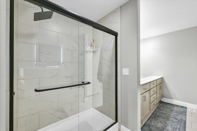 7 Connor Ct, Monticello, IL 61856 - full bathroom featuring a shower stall, baseboards, and vanity
