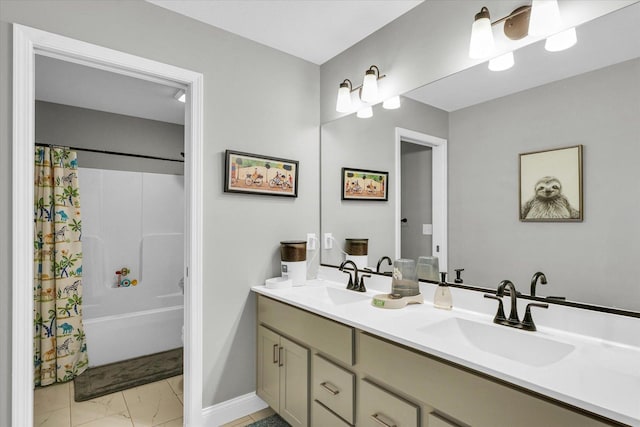 7 Connor Ct, Monticello, IL 61856 - bathroom with marble finish flooring, double vanity, baseboards, and shower / tub combo