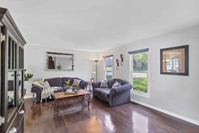 living area featuring baseboards and dark wood-style flooring