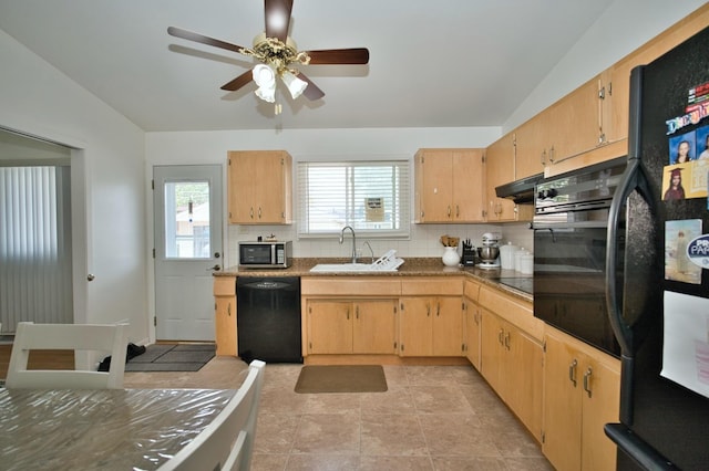 7906 Churchill St, Morton Grove, IL 60053 - kitchen with black appliances, a sink, decorative backsplash, light brown cabinetry, and a ceiling fan