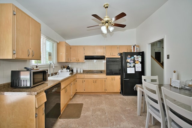 7906 Churchill St, Morton Grove, IL 60053 - kitchen featuring black appliances, lofted ceiling, a ceiling fan, a sink, and under cabinet range hood
