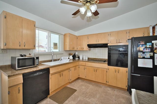 7906 Churchill St, Morton Grove, IL 60053 - kitchen featuring black appliances, a sink, under cabinet range hood, backsplash, and ceiling fan