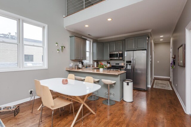 916 N Wood St Unit 3, Chicago, IL 60622 - kitchen with stainless steel appliances, gray cabinetry, a peninsula, baseboards, and crown molding