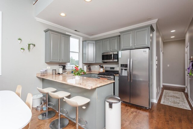 916 N Wood St Unit 3, Chicago, IL 60622 - kitchen featuring stainless steel appliances, gray cabinetry, crown molding, a peninsula, and dark wood-style flooring