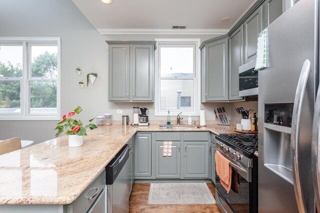 916 N Wood St Unit 3, Chicago, IL 60622 - kitchen with appliances with stainless steel finishes, gray cabinets, a sink, a peninsula, and light stone counters