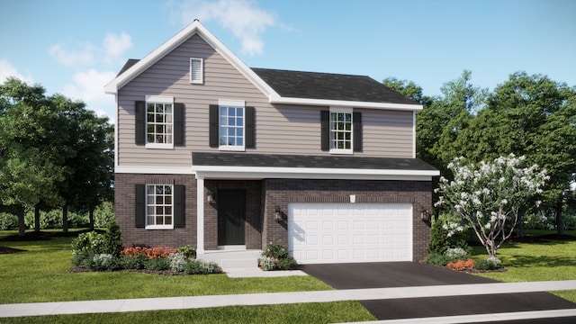 view of front of house with a garage, brick siding, a front yard, driveway, and roof with shingles