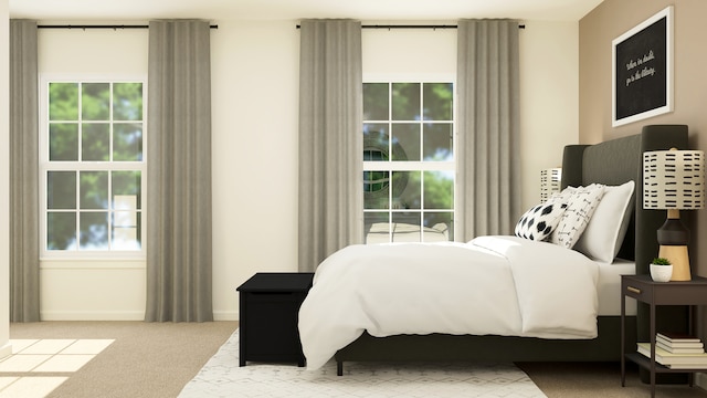 carpeted bedroom with multiple windows