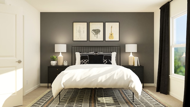 bedroom featuring light colored carpet, multiple windows, and baseboards