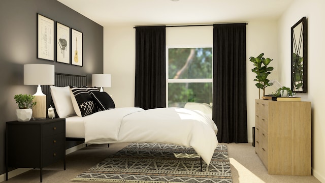 bedroom featuring light carpet