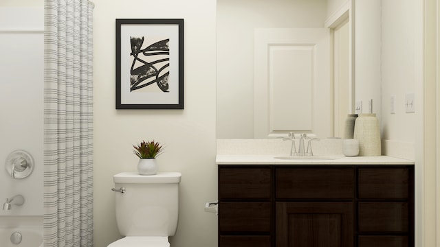 bathroom featuring vanity, toilet, and shower / bath combination with curtain