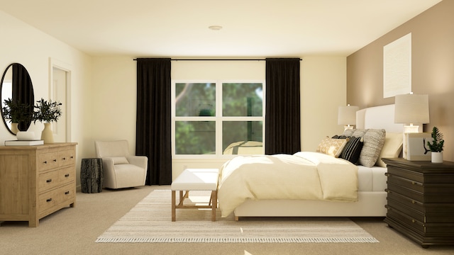 bedroom featuring light colored carpet