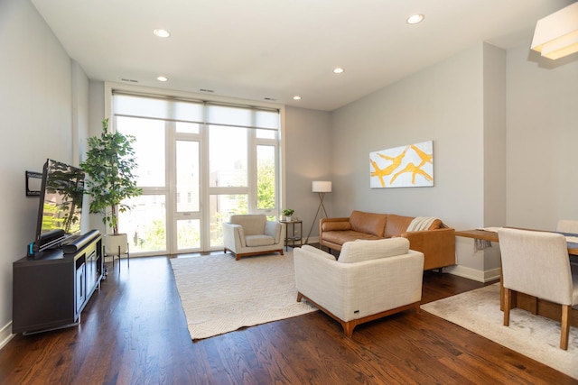 living area featuring dark wood finished floors, recessed lighting, a wall of windows, and baseboards