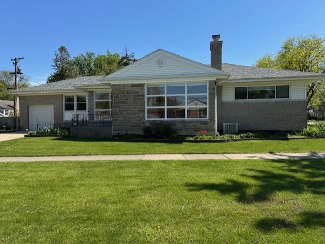 1841 Hawthorne Ave, Westchester, IL 60154 - ranch-style home with a garage, a chimney, a front yard, brick siding, and concrete driveway