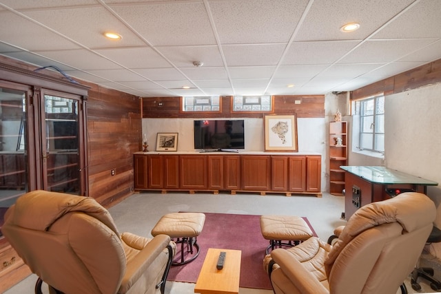 1841 Hawthorne Ave, Westchester, IL 60154 - living area with wooden walls, a paneled ceiling, recessed lighting, and light colored carpet