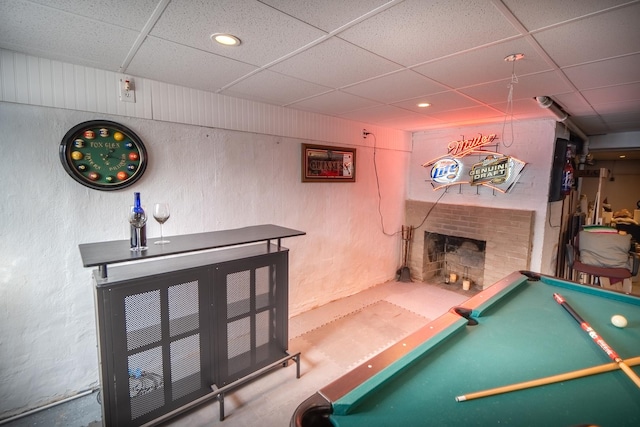 1841 Hawthorne Ave, Westchester, IL 60154 - game room featuring a fireplace, a drop ceiling, billiards, and recessed lighting
