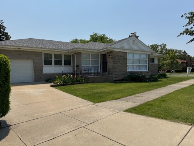 1841 Hawthorne Ave, Westchester, IL 60154 - ranch-style house featuring an attached garage, concrete driveway, a front lawn, a chimney, and brick siding