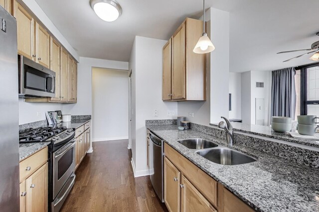 1160 S Michigan Ave Unit 1503, Chicago, IL 60605 - kitchen featuring stainless steel appliances, a sink, light stone countertops, and dark wood-style flooring