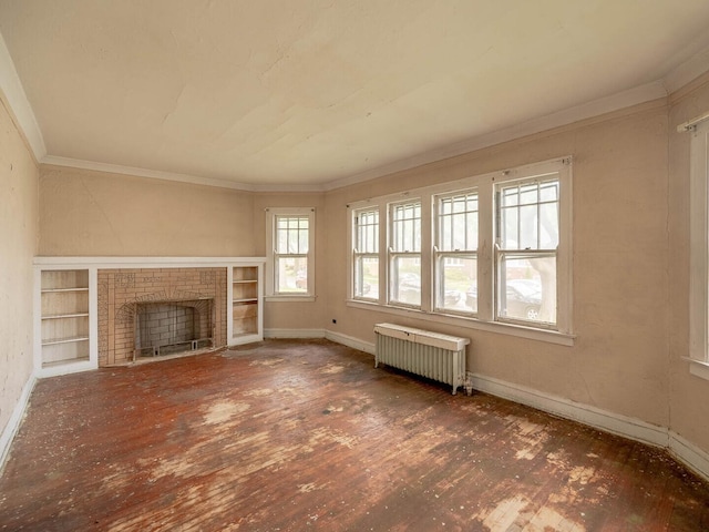 1745 E 85th St, Chicago, IL 60617 - unfurnished living room with radiator, baseboards, crown molding, hardwood / wood-style floors, and a fireplace