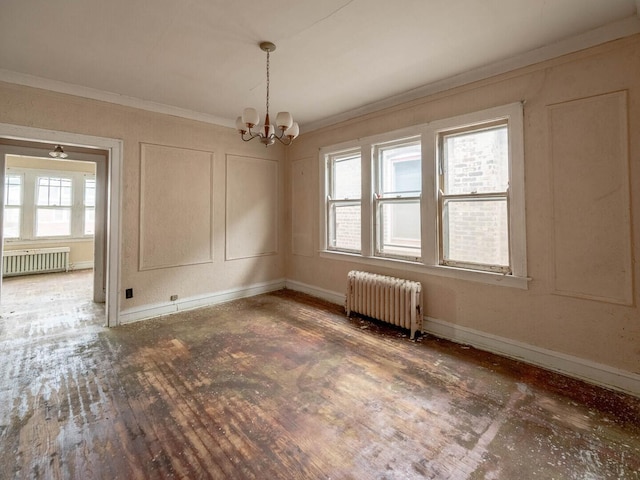 1745 E 85th St, Chicago, IL 60617 - empty room with radiator heating unit, baseboards, a chandelier, ornamental molding, and healthy amount of natural light