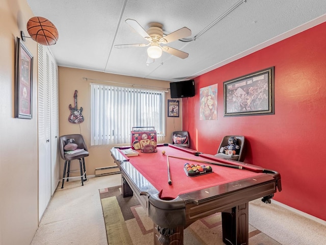 850 Des Plaines Ave Unit 207, Forest Park, IL 60130 - recreation room with a baseboard radiator, light colored carpet, a ceiling fan, billiards, and baseboards