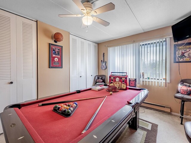 850 Des Plaines Ave Unit 207, Forest Park, IL 60130 - rec room featuring a baseboard heating unit, pool table, ceiling fan, and light colored carpet