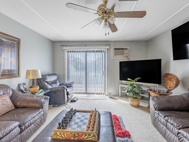 850 Des Plaines Ave Unit 207, Forest Park, IL 60130 - living room featuring carpet, a ceiling fan, and a wall mounted AC