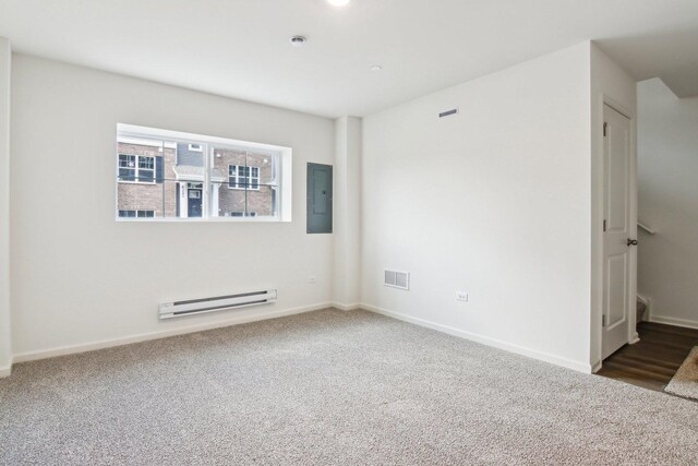 6335 Ulster Dr, Tinley Park, IL 60477 - carpeted empty room with a baseboard heating unit, electric panel, and baseboards