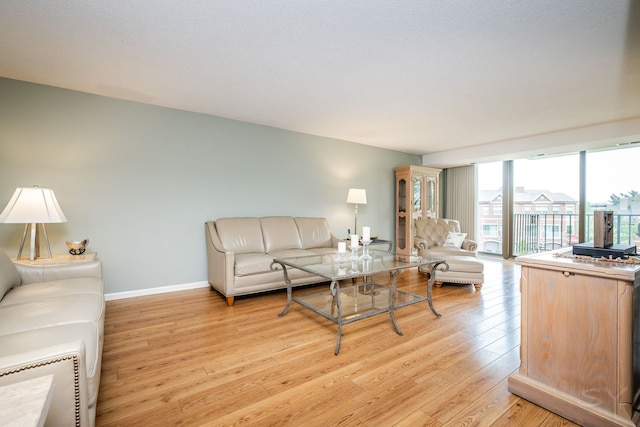 living room featuring light wood-type flooring, baseboards, and expansive windows