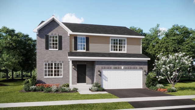 traditional home with a garage, asphalt driveway, a front yard, and brick siding