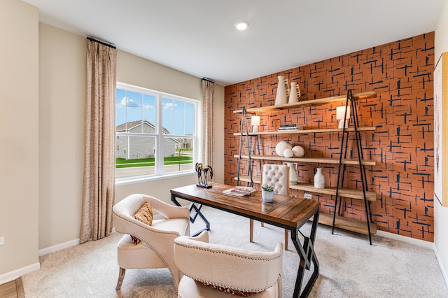 carpeted office with baseboards, an accent wall, and recessed lighting