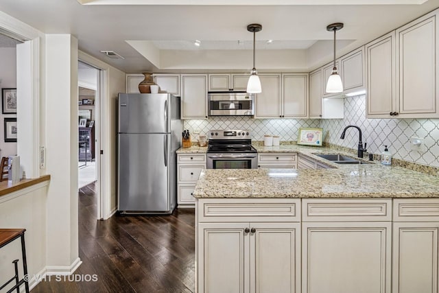 702 Waukegan Rd Unit A207, Glenview, IL 60025 - kitchen featuring appliances with stainless steel finishes, a sink, dark wood-type flooring, cream cabinetry, and light stone counters
