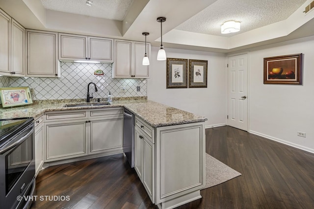 702 Waukegan Rd Unit A207, Glenview, IL 60025 - kitchen featuring a sink, electric stove, a textured ceiling, dishwasher, and a peninsula