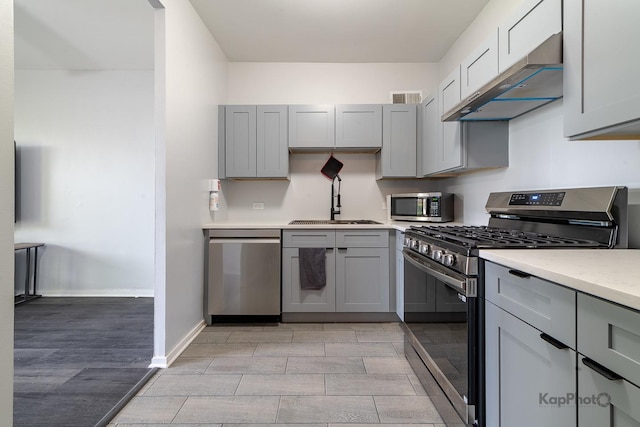 3021 S Michigan Ave Unit 102, Chicago, IL 60616 - kitchen featuring stainless steel appliances, under cabinet range hood, gray cabinets, a sink, and wood finish floors