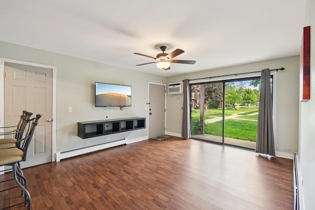 493 Mchenry Rd Unit 1B, Wheeling, IL 60090 - unfurnished living room with a baseboard radiator, wood finished floors, a baseboard heating unit, a ceiling fan, and an AC wall unit