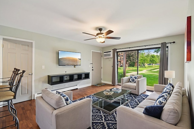 493 Mchenry Rd Unit 1B, Wheeling, IL 60090 - living room featuring a ceiling fan, a wall mounted air conditioner, wood finished floors, and a baseboard radiator