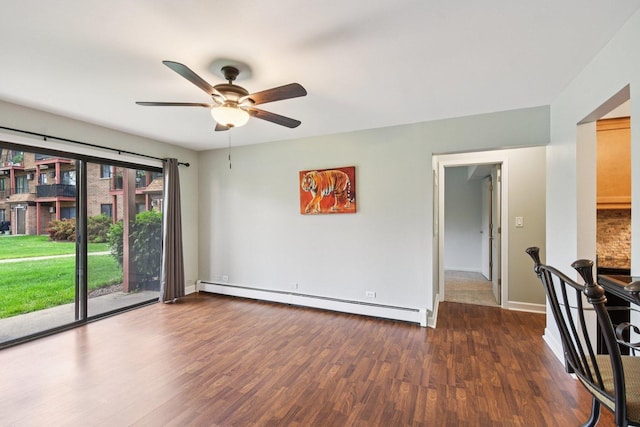 493 Mchenry Rd Unit 1B, Wheeling, IL 60090 - unfurnished room with a baseboard radiator, wood finished floors, ceiling fan, and baseboards