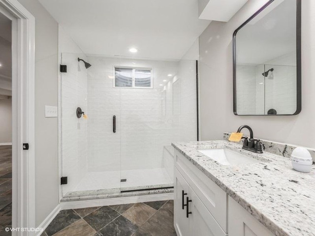 35491 N Kenneth Dr, Lake Villa, IL 60046 - full bathroom with a stall shower, vanity, recessed lighting, and stone finish flooring