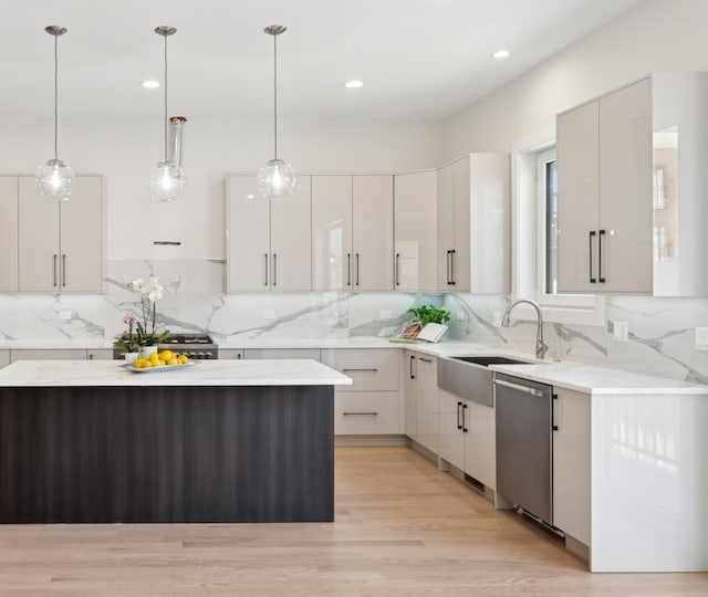 965 E 62nd St Unit 1, Chicago, IL 60637 - kitchen with dishwasher, modern cabinets, decorative backsplash, pendant lighting, and recessed lighting
