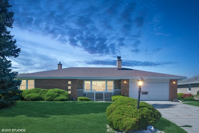 6502 Palma Ln, Morton Grove, IL 60053 - single story home with concrete driveway, brick siding, a chimney, and a front yard
