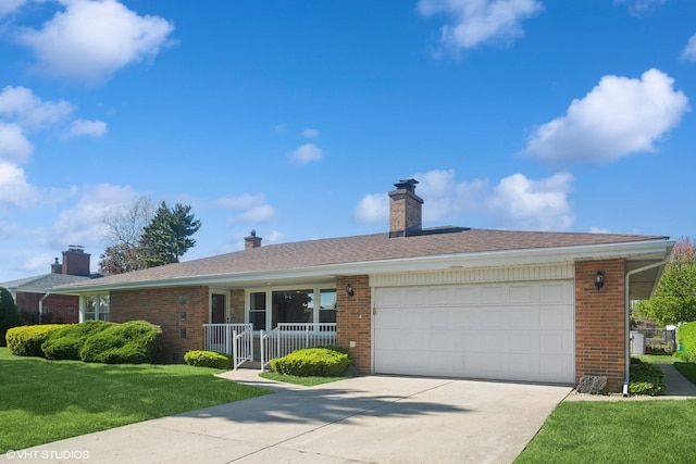 6502 Palma Ln, Morton Grove, IL 60053 - single story home with an attached garage, driveway, brick siding, and a chimney