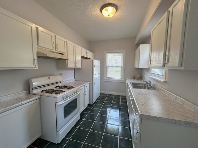 650 Enterprise St, Elgin, IL 60120 - kitchen featuring white appliances, under cabinet range hood, a sink, a textured ceiling, and light countertops