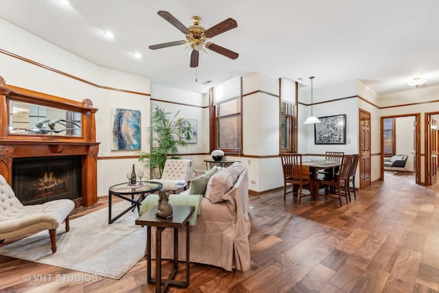 818 N Dearborn St Unit 1R, Chicago, IL 60610 - living room with a ceiling fan, wood finished floors, a fireplace with flush hearth, and recessed lighting