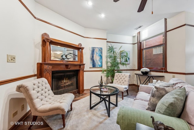 818 N Dearborn St Unit 1R, Chicago, IL 60610 - living area with baseboards, a ceiling fan, a fireplace with flush hearth, and recessed lighting