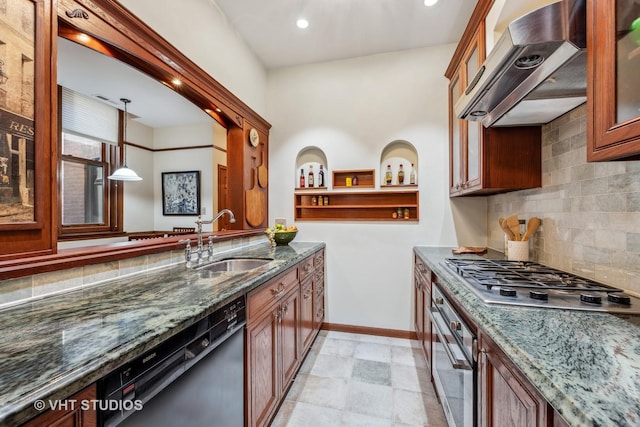 818 N Dearborn St Unit 1R, Chicago, IL 60610 - kitchen with appliances with stainless steel finishes, a sink, range hood, dark stone countertops, and recessed lighting